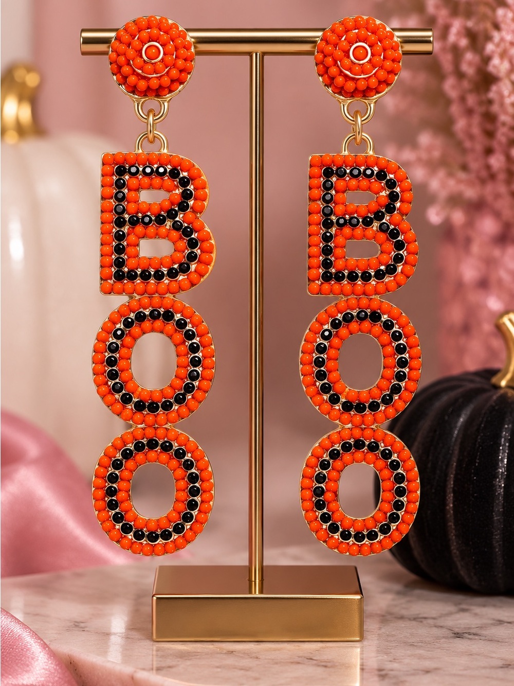 Bold Orange 'BOO' Beaded Drop Earrings - Halloween Statement